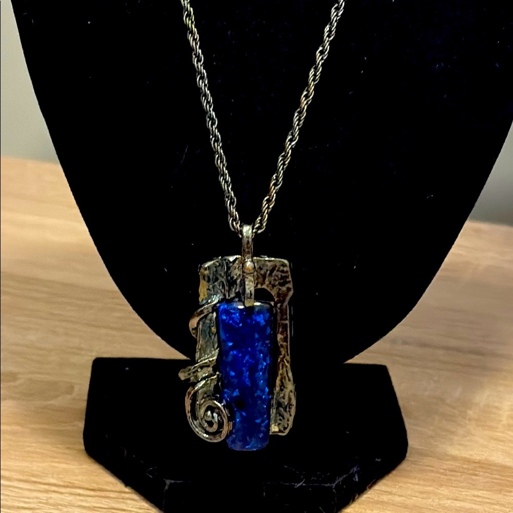 Dichroic blue pendant, and gunmetal necklace